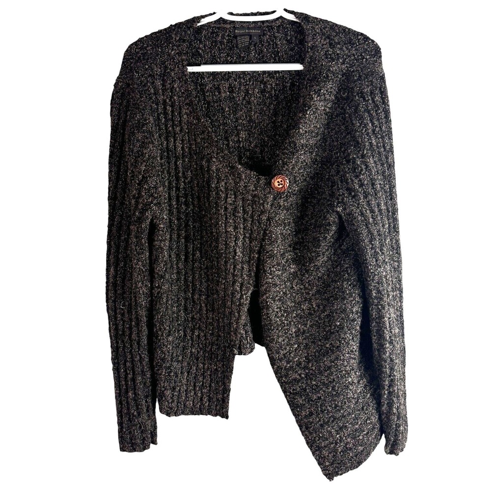 Royal Robbins Cardigan Sweater Womens L Brown Asymmetrical Ribbed Knit Button